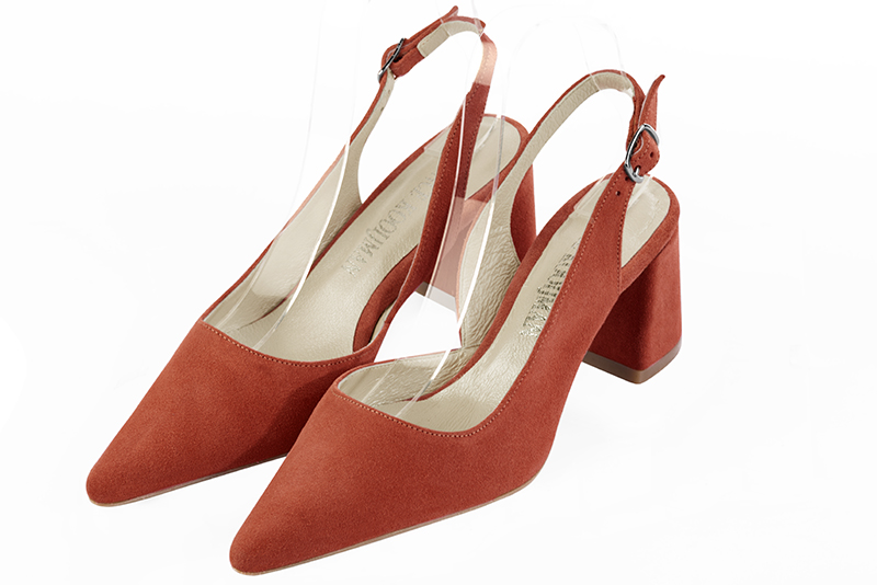 Terracotta orange women's slingback shoes. Pointed toe. Medium flare heels. Front view - Florence KOOIJMAN